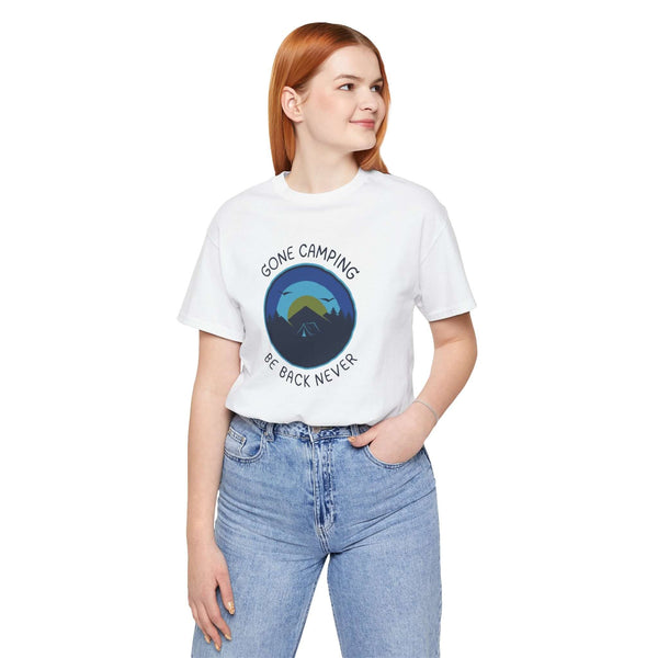 Model wearing a Gone Camping Be Back Never premium soft tee, showcasing outdoor adventure and camping spirit.