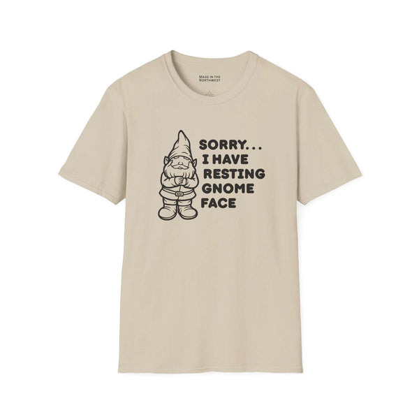 Resting gnome face t shirt with a grumpy gnome sketch and humorous text on a light background.