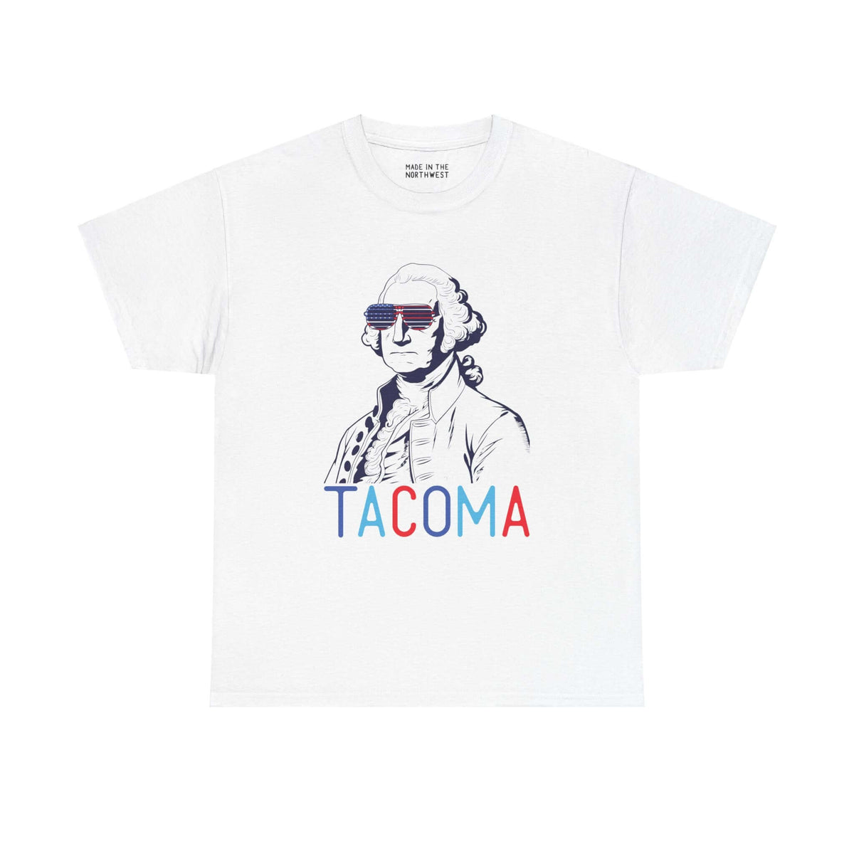 George Washington Tacoma tee with USA sunglasses, showing Tacoma pride, perfect for Fourth of July celebrations.