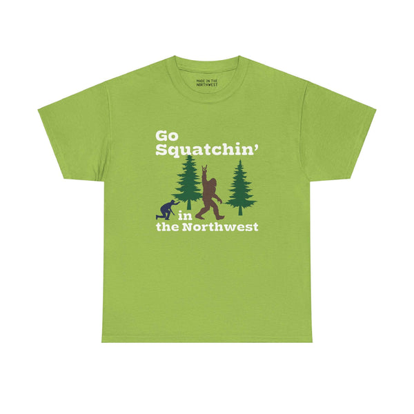 "Go Squatchin' in the Northwest tee with Sasquatch design on green fabric, perfect for Bigfoot enthusiasts and adventure seekers."