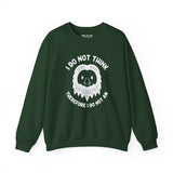 I Do Not Think Sasquatch cozy sweatshirt featuring playful Bigfoot design and philosophical pun.