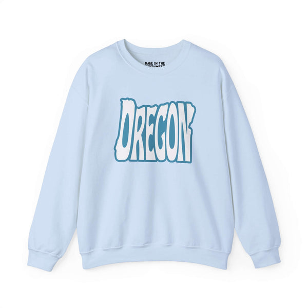 Oregon typography sweatshirt in light blue, showcasing state pride with creative design for Pacific Northwest enthusiasts.