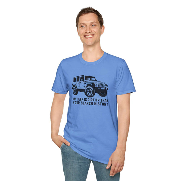 Man wearing blue t-shirt with 'My Jeep is Dirtier Than Your Search History' design, showcasing off-road lifestyle.