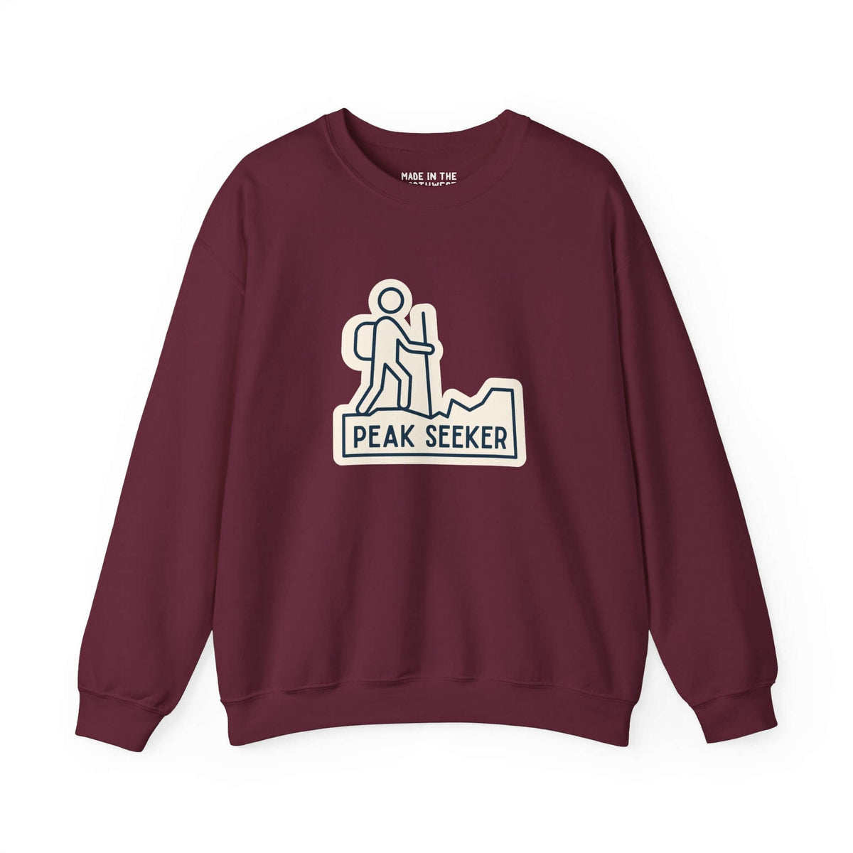 Maroon Peak Seekers hiking sweatshirt with modern graphic for outdoor enthusiasts.