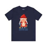 Navy tee with adorable female gnome design, text 