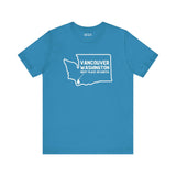 Blue Vancouver soft tee featuring Washington outline and tree icon, celebrating city pride with 