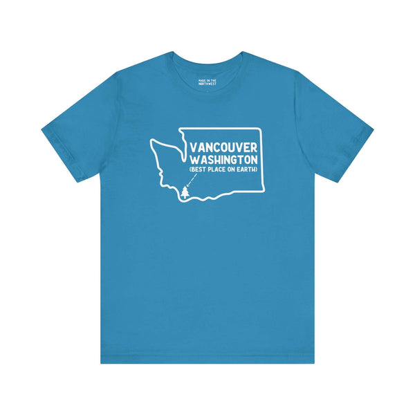 Blue Vancouver soft tee featuring Washington outline and tree icon, celebrating city pride with "Best Place on Earth" design.