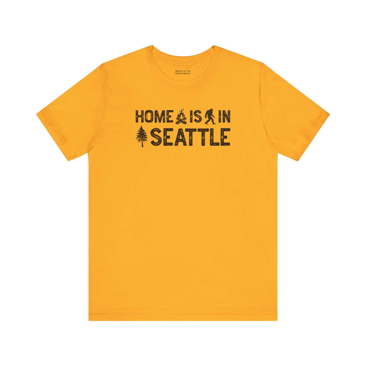 Home Is in Seattle Tee in vibrant yellow, showcasing Seattle pride with graphic elements like a campfire and evergreen.