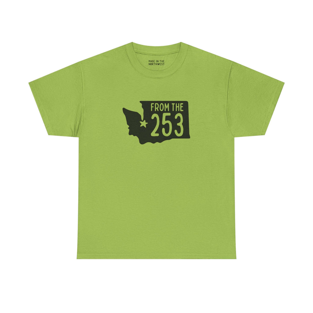 Green Washington State athletic tee featuring 'From the 253' design with star on Tacoma.