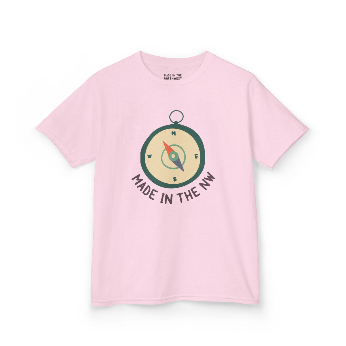 Pink kids tee featuring compass design and 'Made in the NW' text, perfect for Pacific Northwest pride.