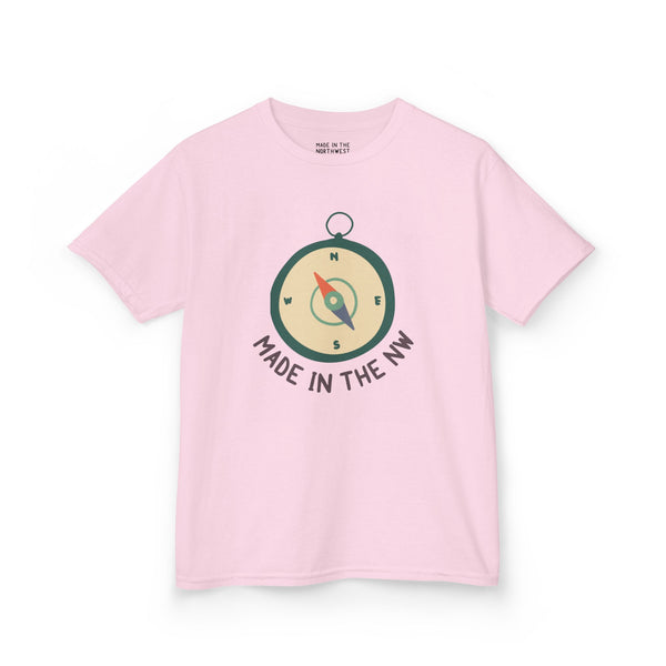 Pink kids tee featuring compass design and 'Made in the NW' text, perfect for Pacific Northwest pride.
