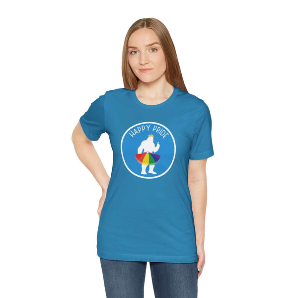 Woman wearing Bigfoot's Pride Parade tee featuring Bigfoot with rainbow tutu and crown, celebrating Pride spirit.