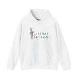 White hoodie with skeleton hand peace sign and text 'LET THAT SHIT GO', perfect for a relaxed and unbothered style.