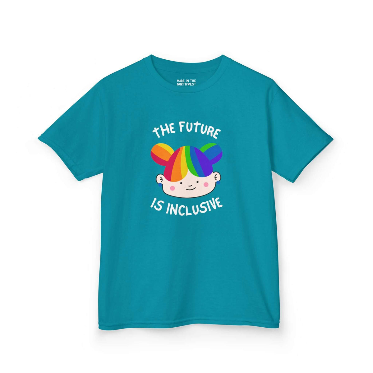Bright blue kids' tee with 'The Future is Inclusive' graphic, promoting kindness and acceptance.