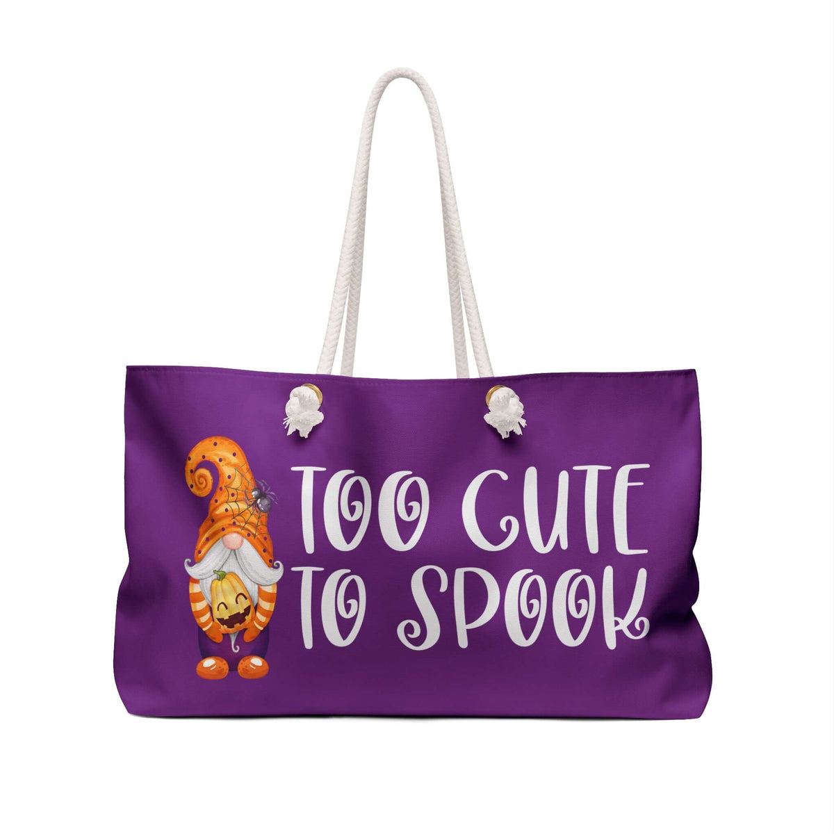 Too Cute to Spook Halloween Gnome Weekender Bag with playful design and rope handles