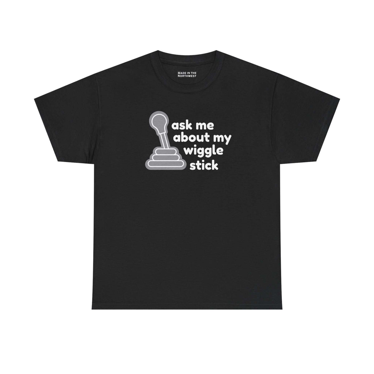 ask me about my wiggle stick t shirt featuring a graphic of a gear shift on a black tee.