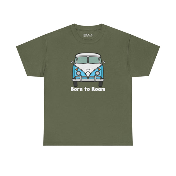 Born to Roam Athletic Tee featuring a vintage vanagon bus and peace sign, perfect for wanderers.