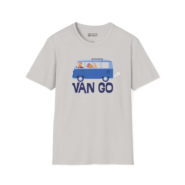 Gray t-shirt featuring Van Gogh in a VW van design, perfect for art lovers and road trip enthusiasts.