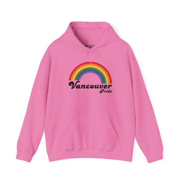 Vancouver Pride hoodie in pink with a vibrant rainbow design, celebrating LGBTQ+ pride and self-expression.