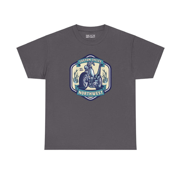 Custom Cycles Northwest athletic tee with motorcycle graphic on gray shirt, perfect for motorcycle enthusiasts and casual wear.