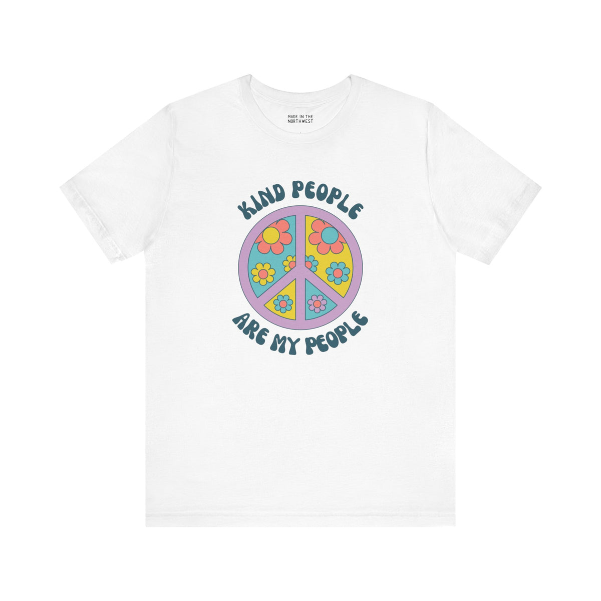 White premium soft tee featuring a groovy floral peace sign and the slogan 'Kind People Are My People'.