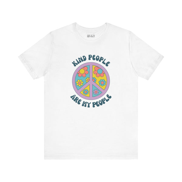 White premium soft tee featuring a groovy floral peace sign and the slogan 'Kind People Are My People'.