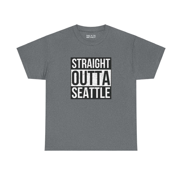 "Straight Outta Seattle athletic tee with bold black and white design representing city pride and classic streetwear style."