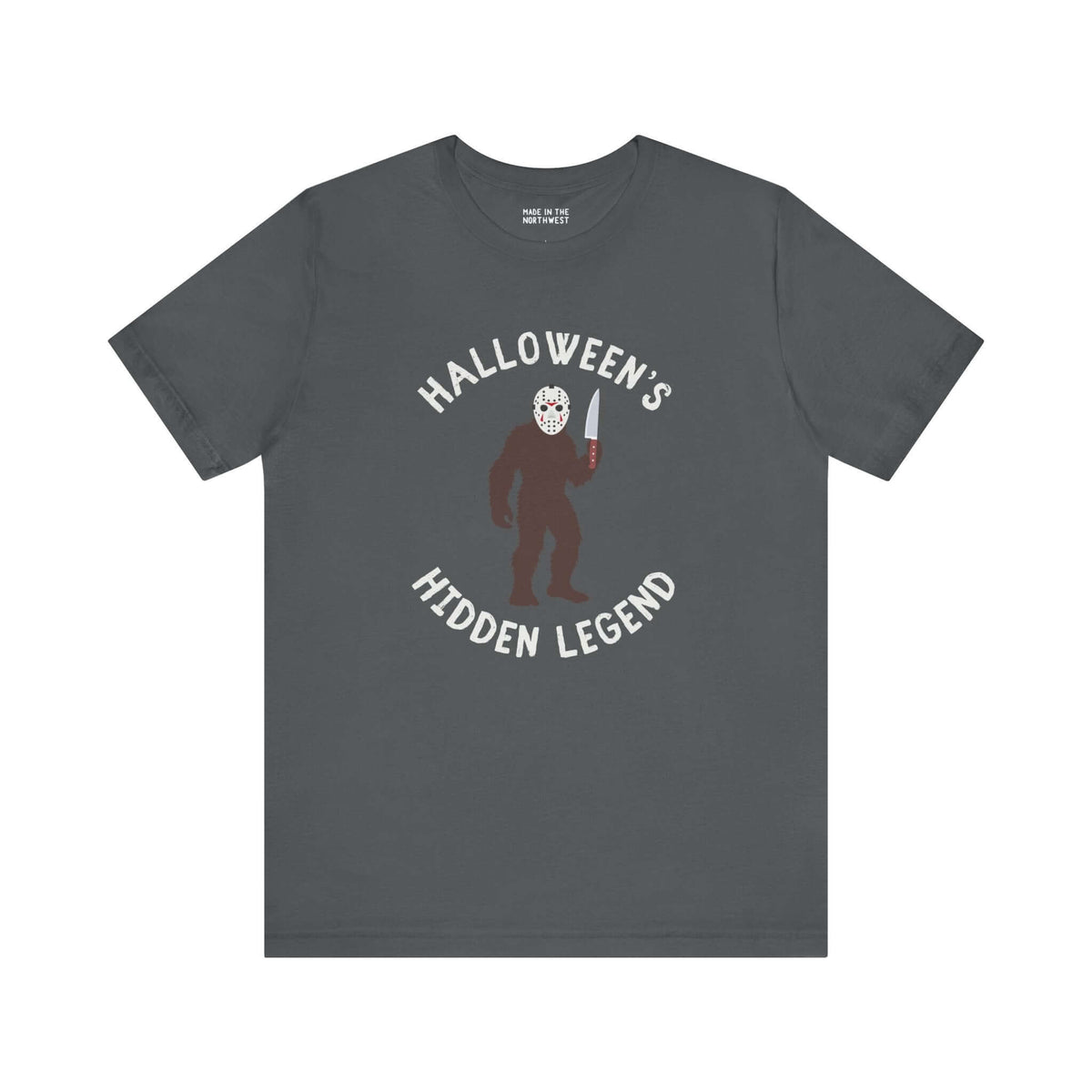 Halloween's Hidden Legend Bigfoot tee featuring a Sasquatch dressed as Jason with a knife, perfect for spooky season.
