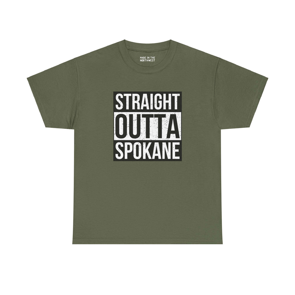 Army green "Straight Outta Spokane" athletic tee with bold white lettering, perfect for showing local pride and streetwear style.