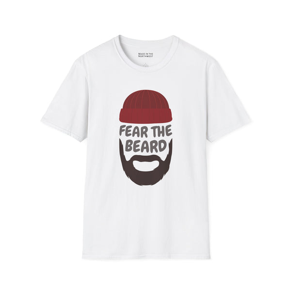 Fear the Beard Lumberjack Softstyle T-Shirt featuring a beard graphic on a white background.