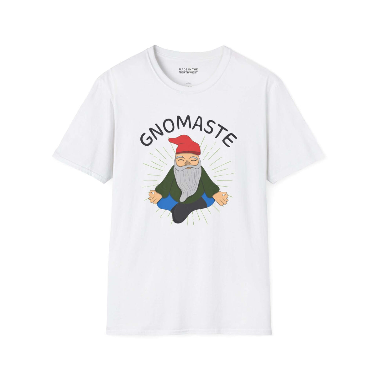 Gnomaste T Shirt featuring a meditating gnome illustration and the word 'GNOMASTE' on a white crewneck tee.
