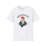 Gnomaste T Shirt featuring a meditating gnome illustration and the word 'GNOMASTE' on a white crewneck tee.