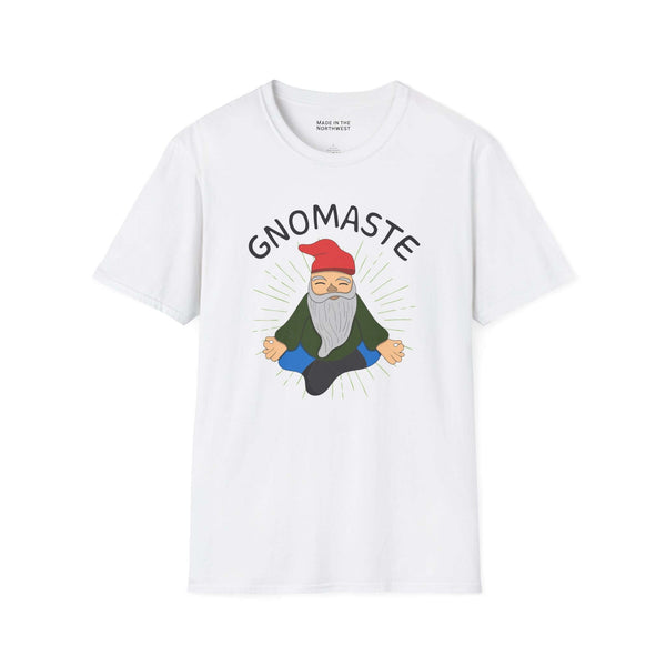 Gnomaste T Shirt featuring a meditating gnome illustration and the word 'GNOMASTE' on a white crewneck tee.