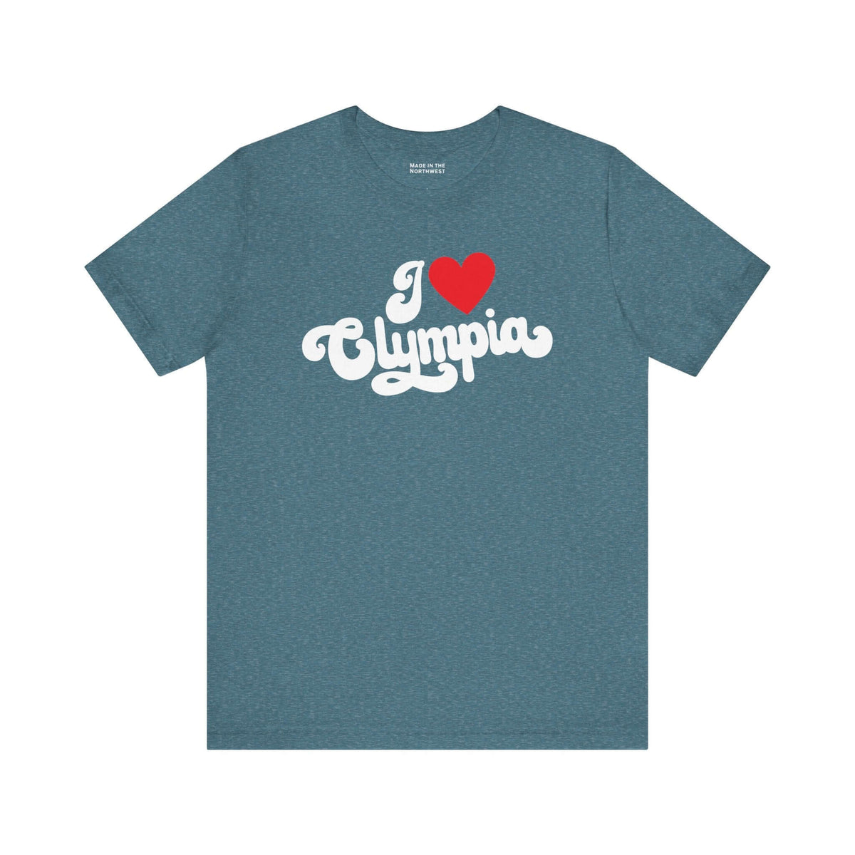 I love Olympia t shirt featuring a cursive design for PNW hometown pride, perfect for everyday wear.
