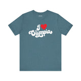 I love Olympia t shirt featuring a cursive design for PNW hometown pride, perfect for everyday wear.