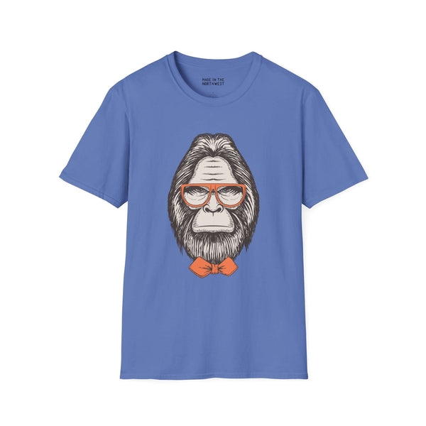 Gentleman of the Woods Bigfoot Softstyle T-Shirt featuring a stylish Sasquatch in glasses and a bowtie.