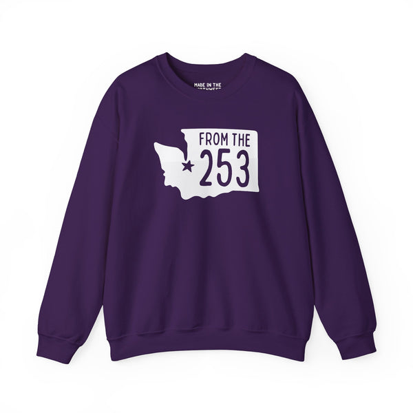 Purple From the 253 sweatshirt featuring Washington state silhouette with Tacoma star design.