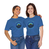 Two women wearing blue Gone Camping Be Back Never tee, perfect for outdoor lovers and camping enthusiasts.