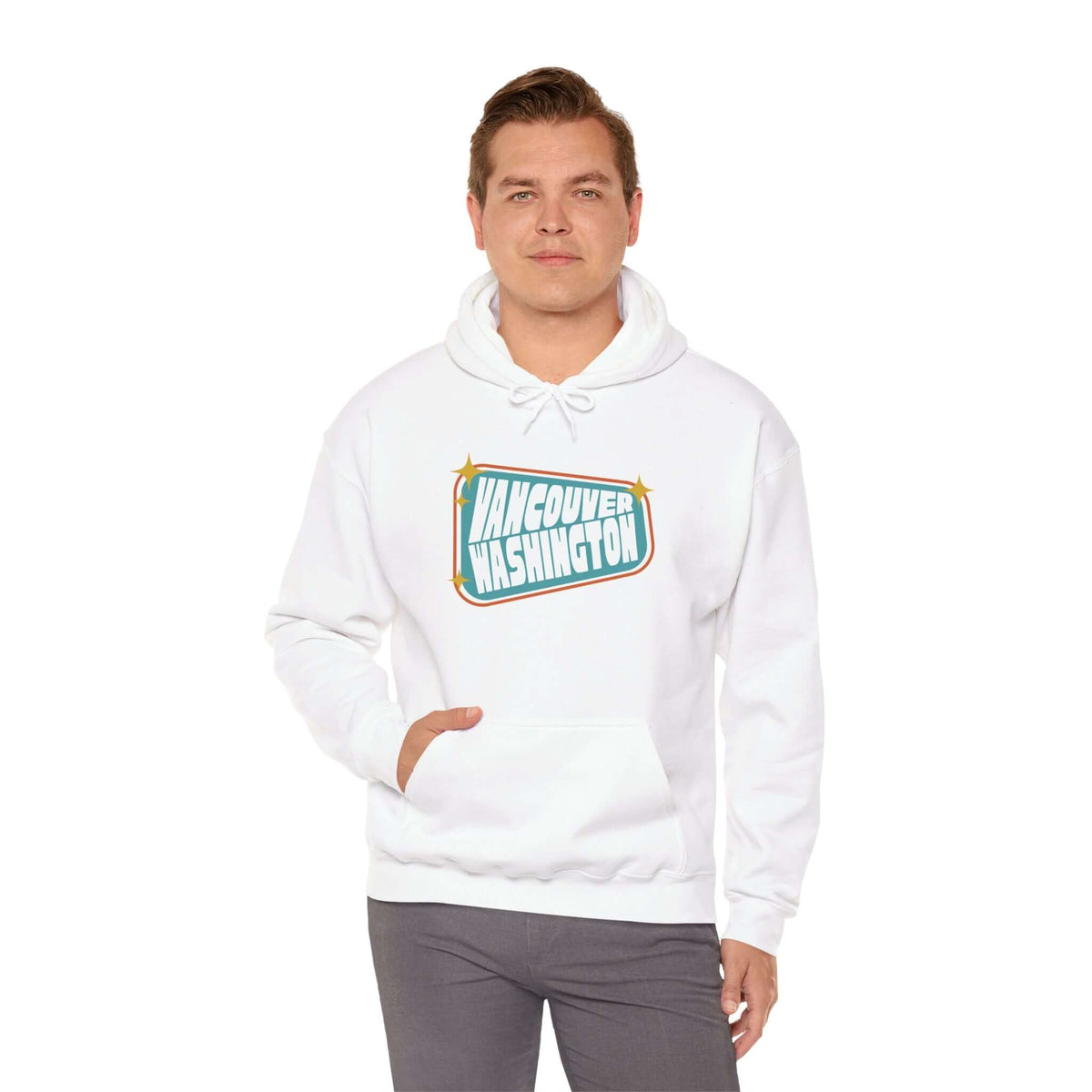 Retro Roadside Vancouver Sign hoodie with 50s design in white, capturing vintage charm and classic vibes.