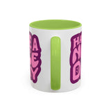 Have a Nice Day Mug with vibrant purple and lime design and green interior, perfect for cheerful morning routines.