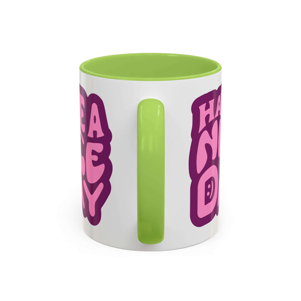 Have a Nice Day Mug with vibrant purple and lime design and green interior, perfect for cheerful morning routines.