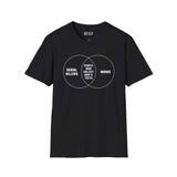Black Venn Diagram T-shirt featuring 'Serial Killers' and 'Moms' with humorous overlap text.