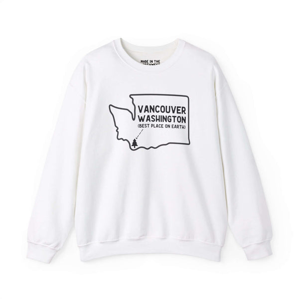 White Vancouver Washington sweatshirt with state outline and tree icon, celebrating Pacific Northwest pride.