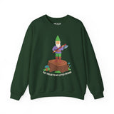 Playful sweatshirt featuring a gnome with an axe on a stump, with text 'Say Hello to My Little Friend'.