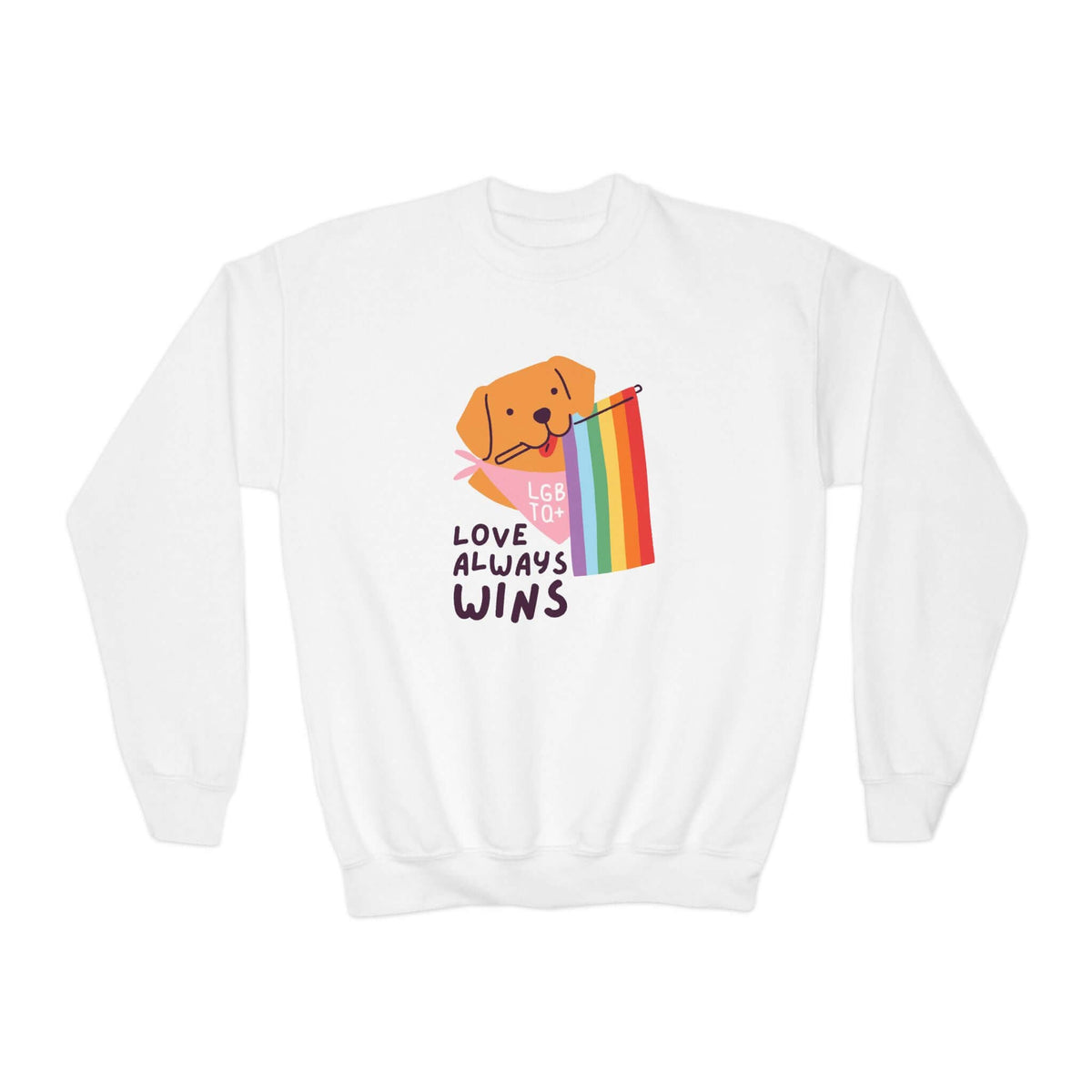 White kids' sweatshirt featuring a dog holding a rainbow flag with the text 'Love Always Wins'