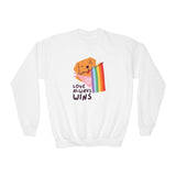 White kids' sweatshirt featuring a dog holding a rainbow flag with the text 'Love Always Wins'