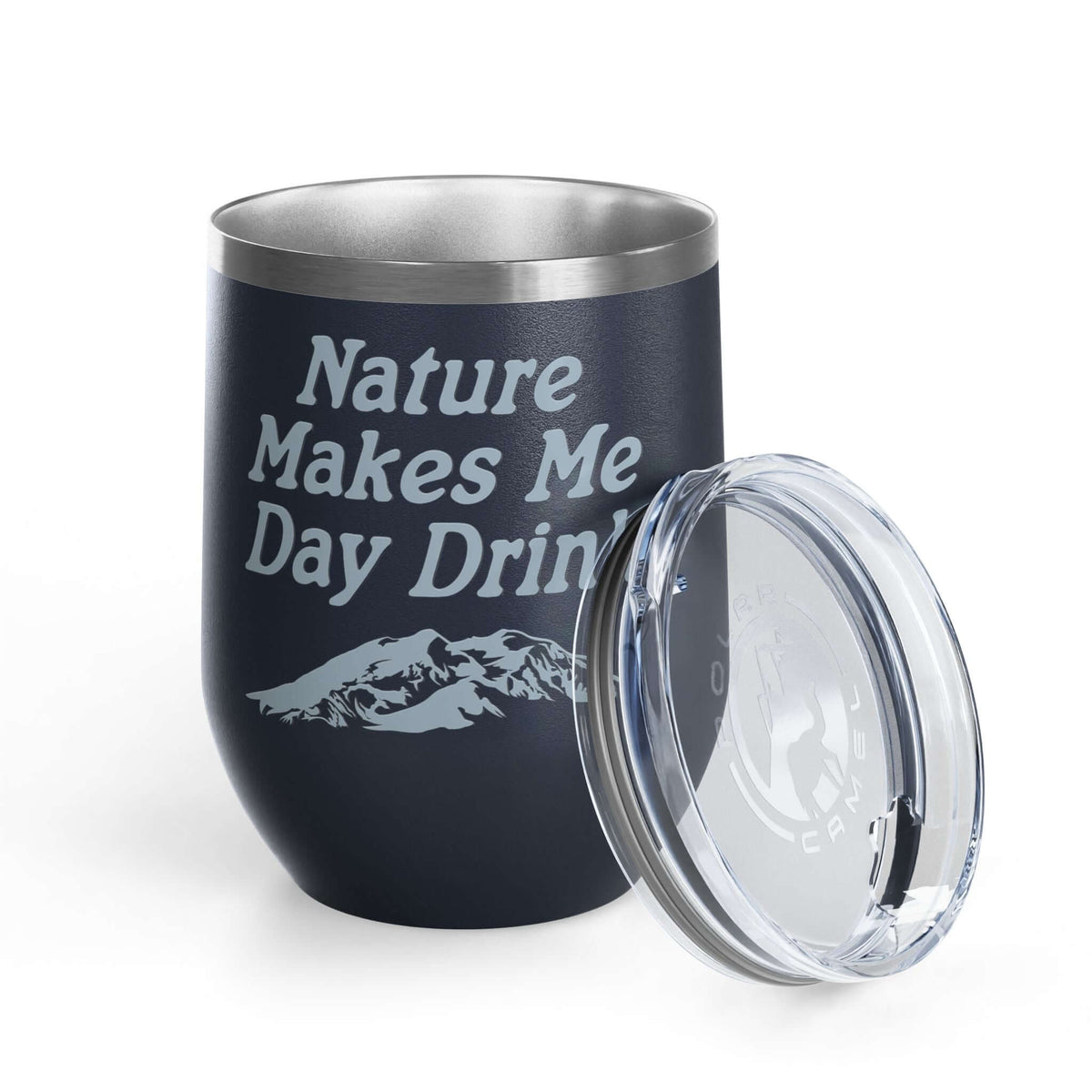 Nature Makes Me Day Drink Camping Wine Tumbler 12 oz with mountain design and clear lid for outdoor enjoyment.