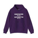 Vancouver Washington hoodie in purple with 'Vancouver (NOT BC) Washington (NOT DC)' text.