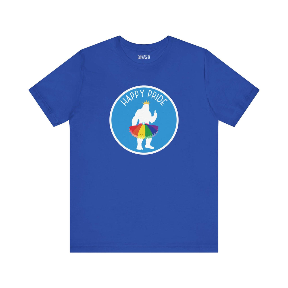 Blue tee with white Bigfoot silhouette, rainbow tutu, and "Happy Pride" text, celebrating festive Pride Parade vibes.