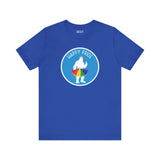 Blue tee with white Bigfoot silhouette, rainbow tutu, and 